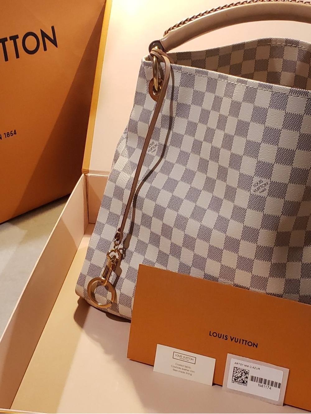 Louis Vuitton Damier Azur Check Hobo Shoulder Bag with Tan Trim